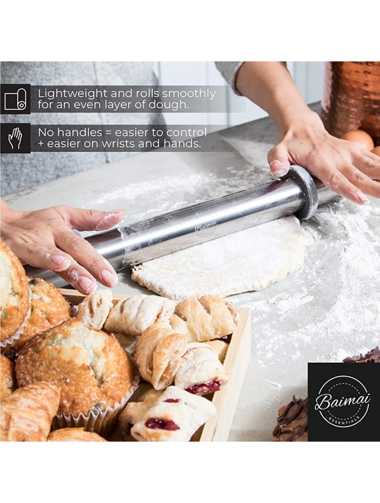 Rolling Pin with Thickness Rings- 16” French Rolling Pin for Baking Even Pastry or Cookie Dough Adjustable Stainless Steel Rolling pin with Complimentary Dough Scraper - BTTQ8ATNB