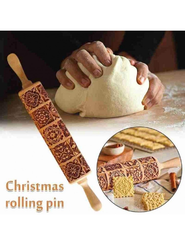 Xmas Christmas Wooden Rolling Pin Deep Engraved Embossing Rolling Pin Kitchen Decor Tools for Baking Embossed Cookies Window Grilles 43cm x 5cmL x D - BWP8T8GN9