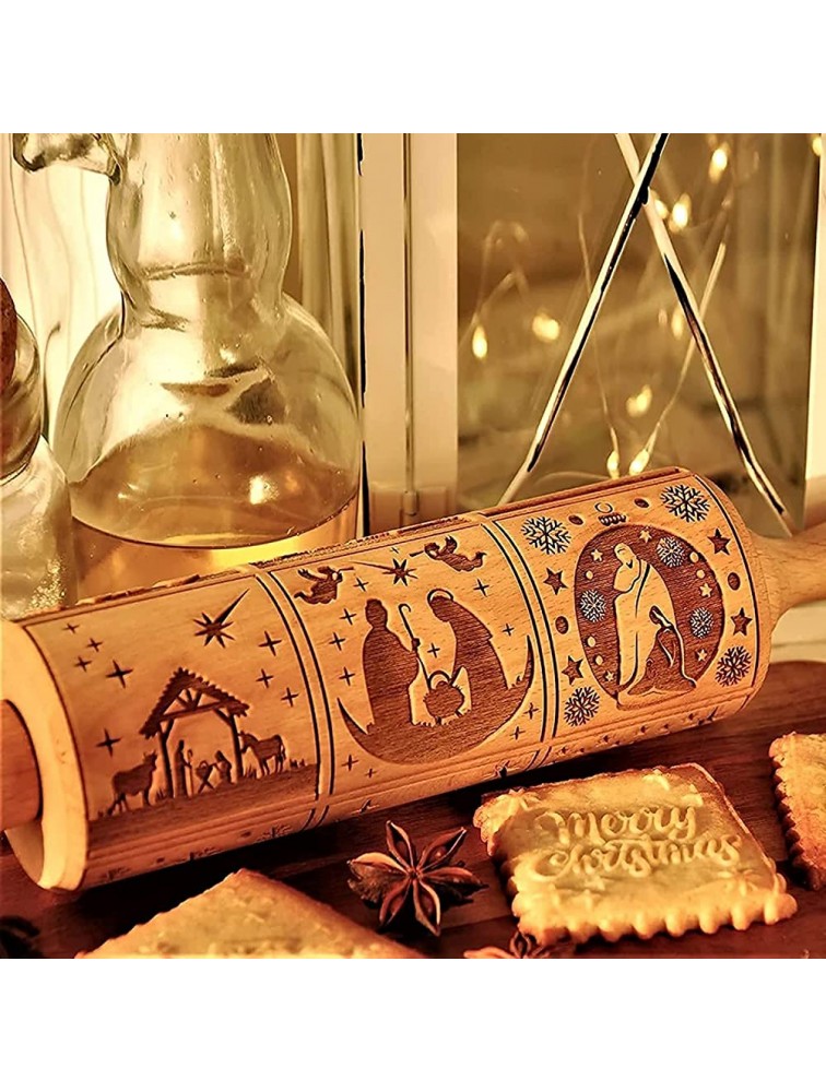 ZUKIBO Nativity Pattern Xmas Christmas Wooden 3D Embossing Rolling Pin with 9 Different Scene Design for Baking Embossed Cookies - B9EGOJOYN