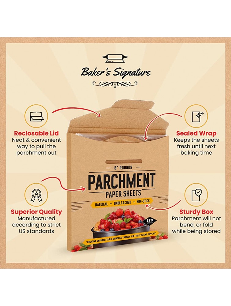 8 Inch Rounds Pack of 220 Parchment Paper Baking Sheets by Baker’s Signature | Precut Silicone Coated & Unbleached – Will Not Curl or Burn – Non-Toxic & Comes in Convenient Packaging - BSF3U7SG9