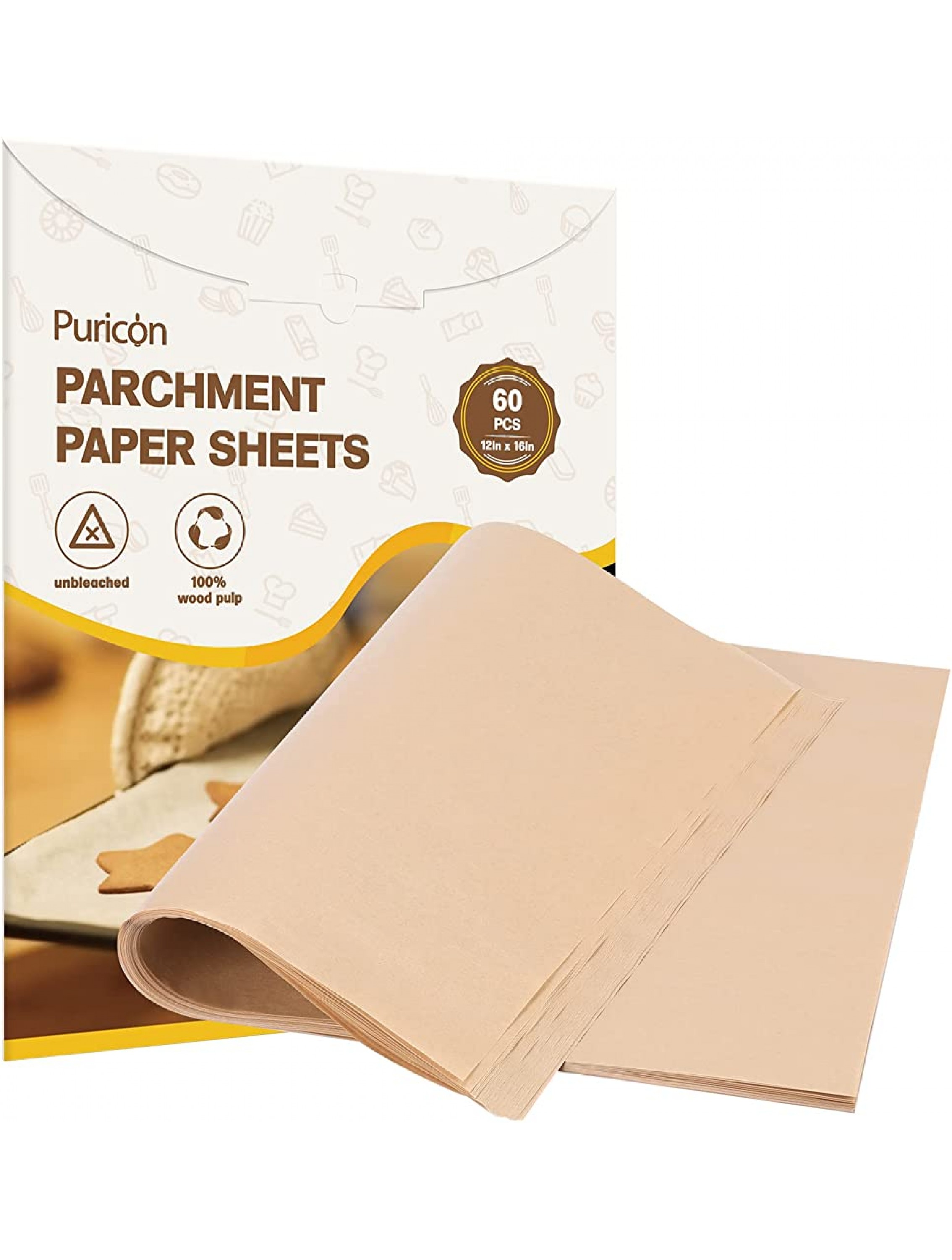 Puricon Precut Parchment Paper for Baking Cooking 12 X 16 Parchment Paper Unbleached Cookie Baking Sheets Flat Nonstick Pan Liners -60 Sheets - B34EJL826