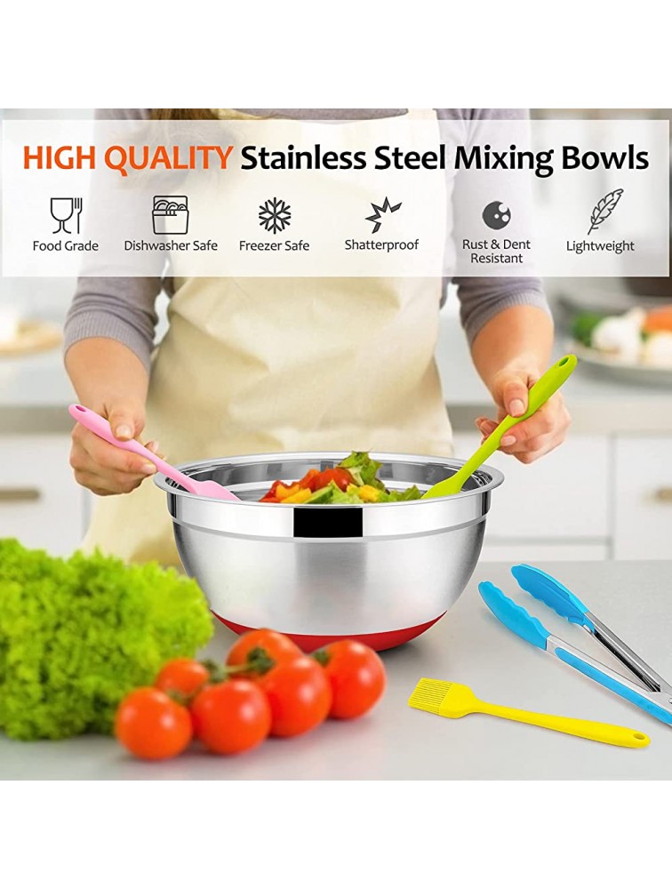 22-Piece Mixing Bowls with Lids & Accessories Set E-far Stainless Steel Nesting Bowls with Colorful Covers & Non-Slip Bottoms Metal Bowls for Cooking Baking Serving Storage Size 7 3.5 2.5 2 1 QT - BGB779SPE