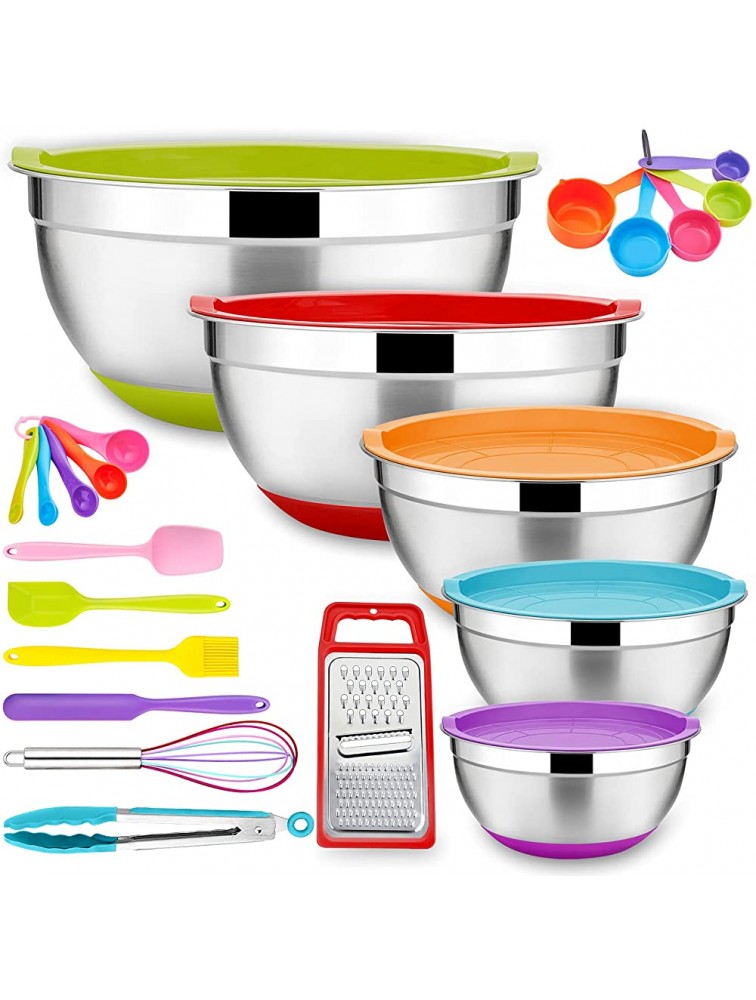 22-Piece Mixing Bowls with Lids & Accessories Set E-far Stainless Steel Nesting Bowls with Colorful Covers & Non-Slip Bottoms Metal Bowls for Cooking Baking Serving Storage Size 7 3.5 2.5 2 1 QT - BGB779SPE