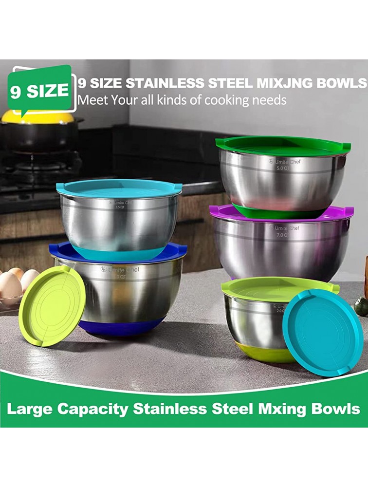 22Pcs Mixing Bowls with Airtight Lids Umite Chef Stainless Steel Nesting Mixing Bowls Set for Baking Prepping Non-slip Silicone Bottom Colorful Bowls with Kitchen Gadgets for Mixing Serving - BHGVNBT8C