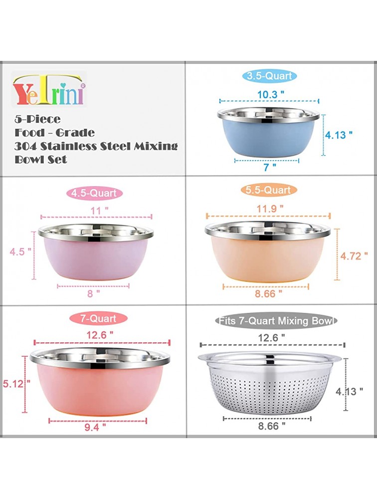Food Grade 304 18 8 Stainless Steel Mixing Bowls Set of 5 with 1 Strainer Bowl & 4 Bowls Nesting Bowl Set for Space Saving Storage Easy to Clean Great for Cooking Baking Prepping Colorful - BD1BAERU8