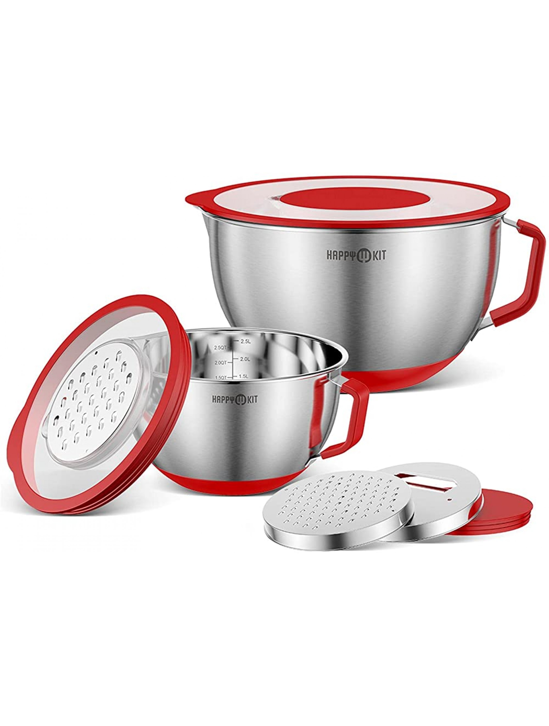 HAPPY KIT Mixing Bowls with Lids Set of 2,Stainless Steel Mixing Bowl with Pour Spout Non-slip Handle and Bottoms 3 Grater Attachments Measurement Marks & Lid Size 5 3QTRed - BI05FVKKT