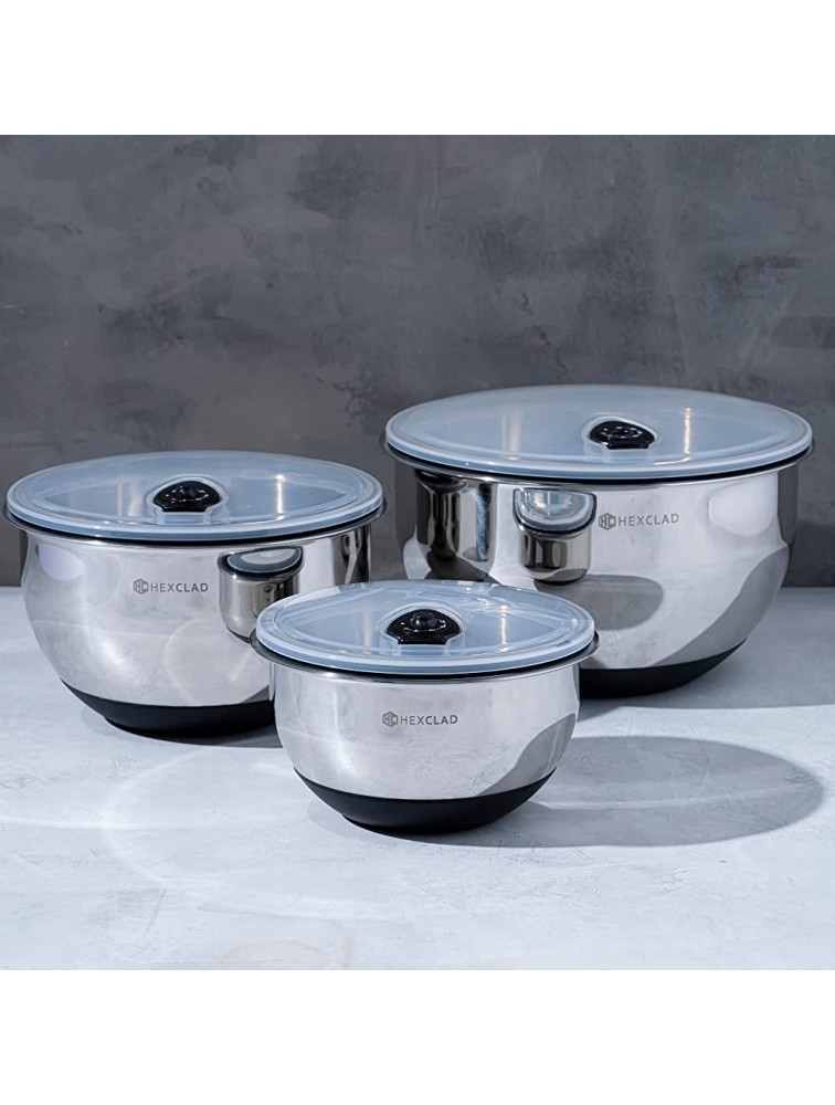 HexClad Set of Three Stainless Steel Mixing and Storage Bowls with Air-tight Vacuum Seal and Non-slip Safety Base Easy To Clean Dishwasher Safe Food Storage Bowls for Baking and Cooking Preparation - BZIAYXFC4