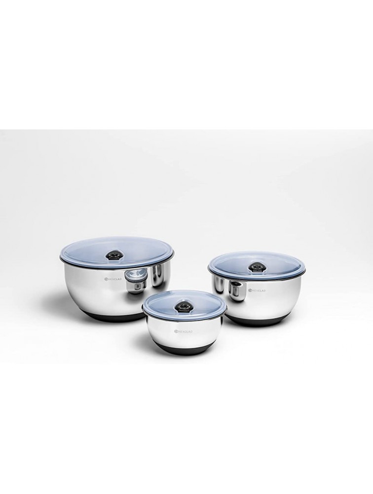 HexClad Set of Three Stainless Steel Mixing and Storage Bowls with Air-tight Vacuum Seal and Non-slip Safety Base Easy To Clean Dishwasher Safe Food Storage Bowls for Baking and Cooking Preparation - BZIAYXFC4