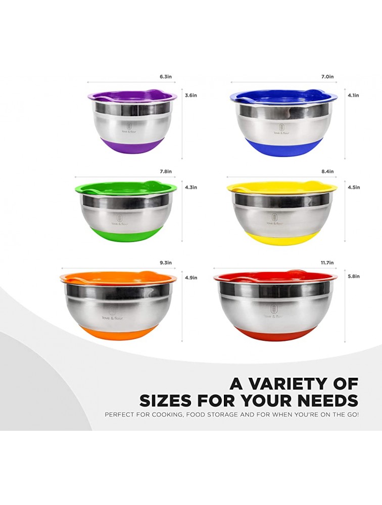 love & flour Mixing Bowls with Airtight Lids 12 Piece Stainless Steel Nesting Bowls Set Measurement Marks & Colorful Non-Slip Bottoms Great for Prep Serving and Food Storage Rainbow - BZNEGPXF1