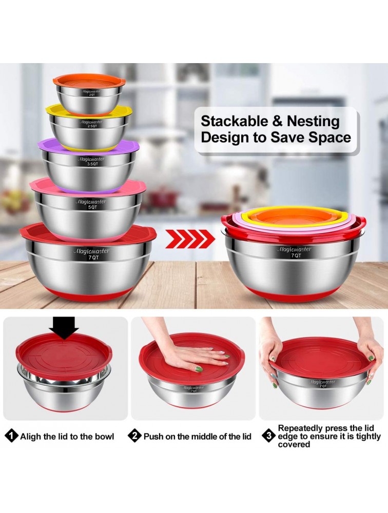 Mixing Bowls with Airtight Lids 16 pcs Stainless Steel Nesting Bowls Set with Non-Slip Silicone Bottom – Size 7qt 5qt 3.5qt 2.5qt 2qt for Mixing Serving Whisk Spatula Egg Yolk Separator - BRCW2ROH5