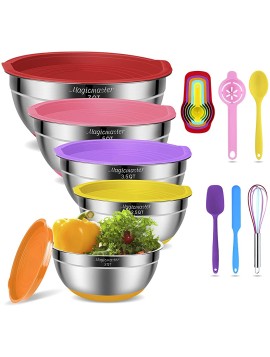 Mixing Bowls with Airtight Lids 16 pcs Stainless Steel Nesting Bowls Set with Non-Slip Silicone Bottom – Size 7qt 5qt 3.5qt 2.5qt 2qt for Mixing Serving Whisk Spatula Egg Yolk Separator - BRCW2ROH5