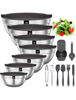 Mixing Bowls with Airtight Lids 20 piece Stainless Steel Metal Nesting Bowls AIKKIL Non-Slip Silicone Bottom Size 7 3.5 2.5 2.0,1.5 1,0.67QT Great for Mixing Baking Serving Grey - B6HVVKOMI