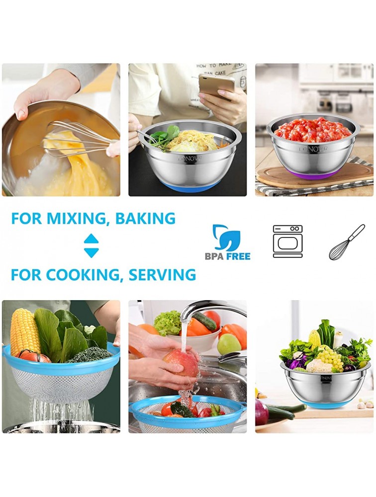 Mixing Bowls with Airtight Lids & Colander 6pcs Colorful Stainless Steel Metal Nesting Bowls for Kitchen Non-Slip Silicone Bottom Size 5 3.5 2 1.5 1QT Measuring Marks Fit for Mixing & Serving - BVJUTI8E8