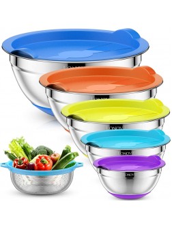 Mixing Bowls with Airtight Lids & Colander 6pcs Colorful Stainless Steel Metal Nesting Bowls for Kitchen Non-Slip Silicone Bottom Size 5 3.5 2 1.5 1QT Measuring Marks Fit for Mixing & Serving - BVJUTI8E8