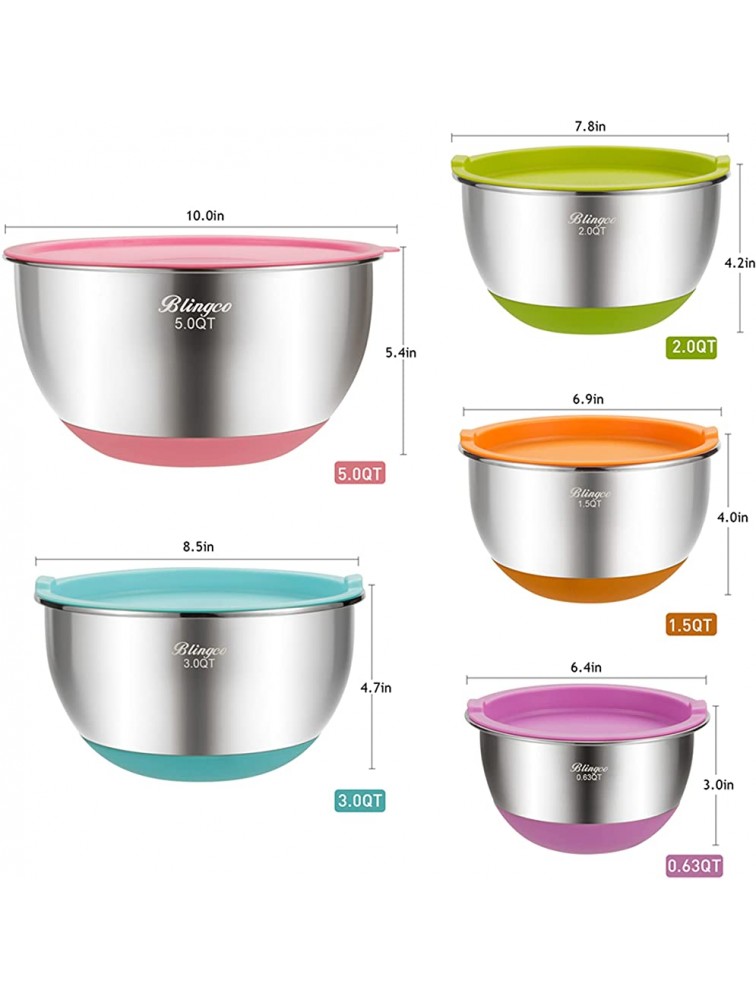 Mixing Bowls with Airtight Lids Blingco Stainless Steel Metal Nesting Bowls Set of 5 Size 5 3 2 1.5 0.63 QT,3 Grater Attachments Colorful Non-Slip Bottoms,Great for Mixing & Serving - BKSW736LR