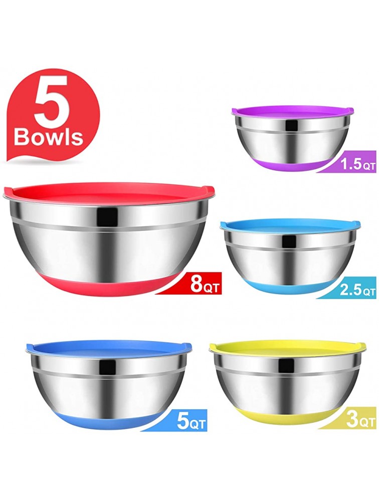 Mixing Bowls with Airtight Lids Set of 5 Stainless Steel Mixing Bowl Set Non Slip Colorful Silicone Bottom Nesting Storage Bowls Great for Mixing & Prepping 1.5-2.5-3-5-8 QT - BB5Y1UW2A