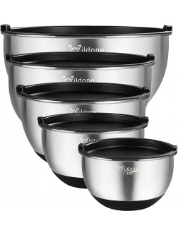 Mixing Bowls with Airtight Lids Wildone Stainless Steel Nesting Mixing Bowls Set of 5 with Non-slip Silicone Bottoms Size 8 5 3 2 1.5 QT Stackable Design Great for Mixing and Prepping - B4T1N37EA