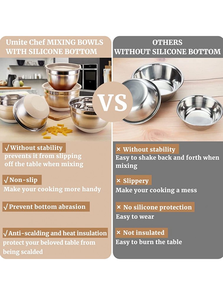 Mixing Bowls with Airtight Lids，6 piece Stainless Steel Metal Nesting Storage Bowls by Umite Chef Non-Slip Bottoms Size 7 3.5 2.5 2.0,1.5 1QT Great for Mixing & Serving Khaki） - BDNBKBWZ1