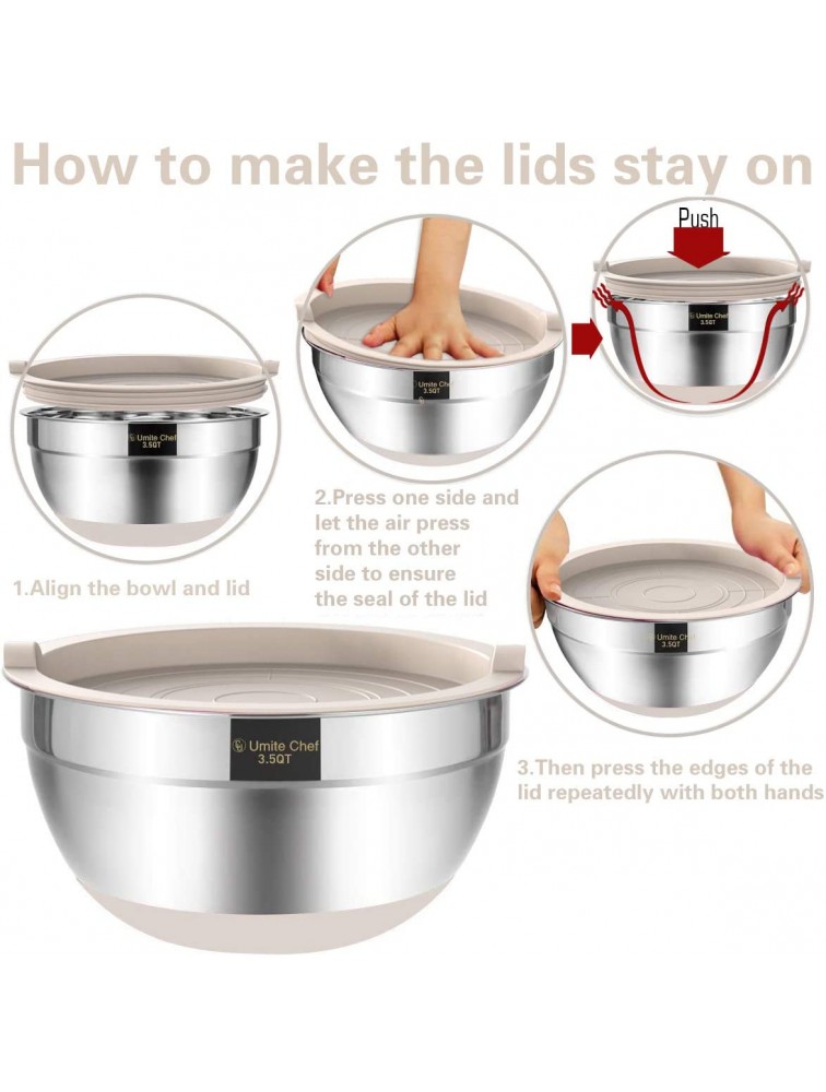 Mixing Bowls with Airtight Lids，6 piece Stainless Steel Metal Nesting Storage Bowls by Umite Chef Non-Slip Bottoms Size 7 3.5 2.5 2.0,1.5 1QT Great for Mixing & Serving Khaki） - BDNBKBWZ1