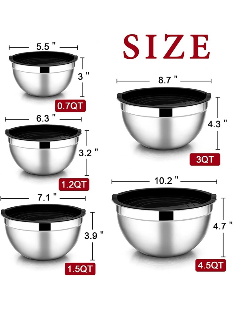 Mixing Bowls with Lids Set of 5 E-far Stainless Steel Black Mixing Bowls Metal Nesting Bowls with Airtight Lids for Cooking Baking Serving Storage Size 0.7 1 1.5 3 4.5QT Dishwasher Safe - BK3K8JRP6