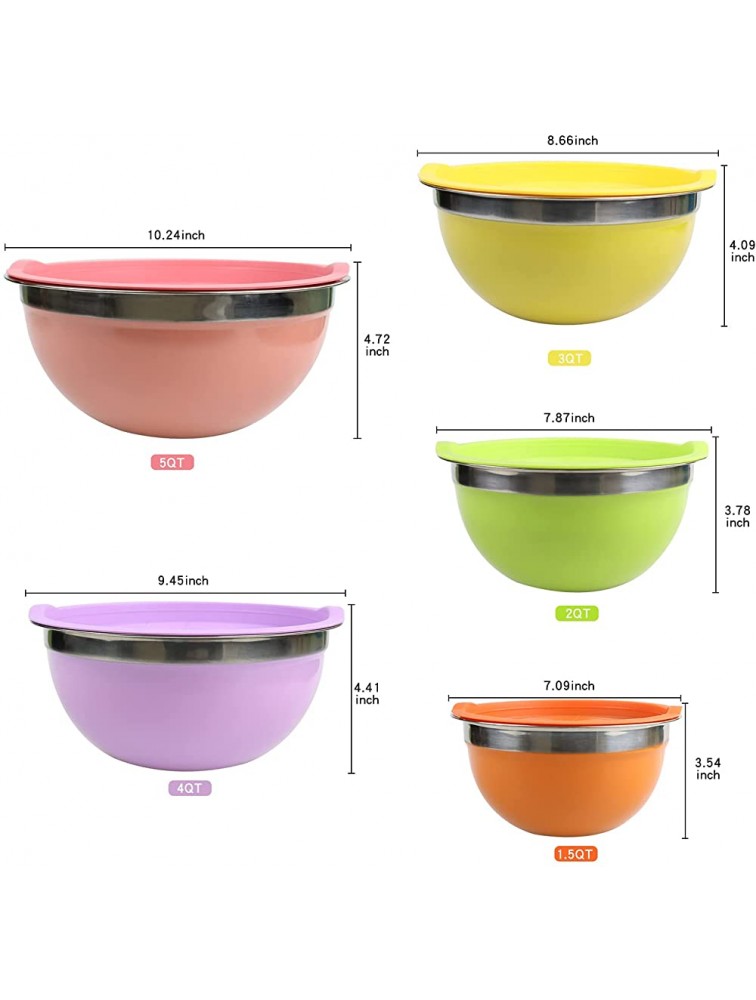 Raking Stainless Steel Mixing Bowls With Colorful Lids Set of 5 Large Capacity Nesting Metal Bowls for Space Saving Storage Great for Kitchen Camping Cooking Baking Serving Prepping Multi - BG8L89YLS