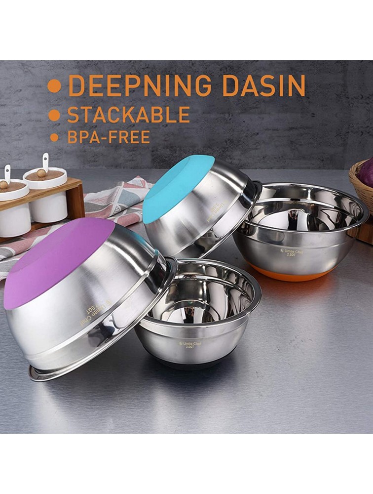 Stainless Steel Mixing Bowls Set of 6 Non Slip Colorful Silicone Bottom Nesting Storage Bowls by Umite Chef Polished Mirror Finish For Healthy Meal Mixing and Beating 1,1.5 2.0 2.5 3.5 7 QT - BOJFLD9P7