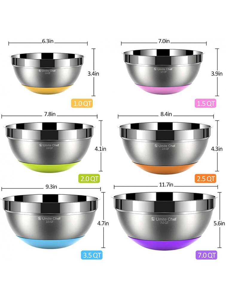 Stainless Steel Mixing Bowls Set of 6 Non Slip Colorful Silicone Bottom Nesting Storage Bowls by Umite Chef Polished Mirror Finish For Healthy Meal Mixing and Beating 1,1.5 2.0 2.5 3.5 7 QT - BOJFLD9P7