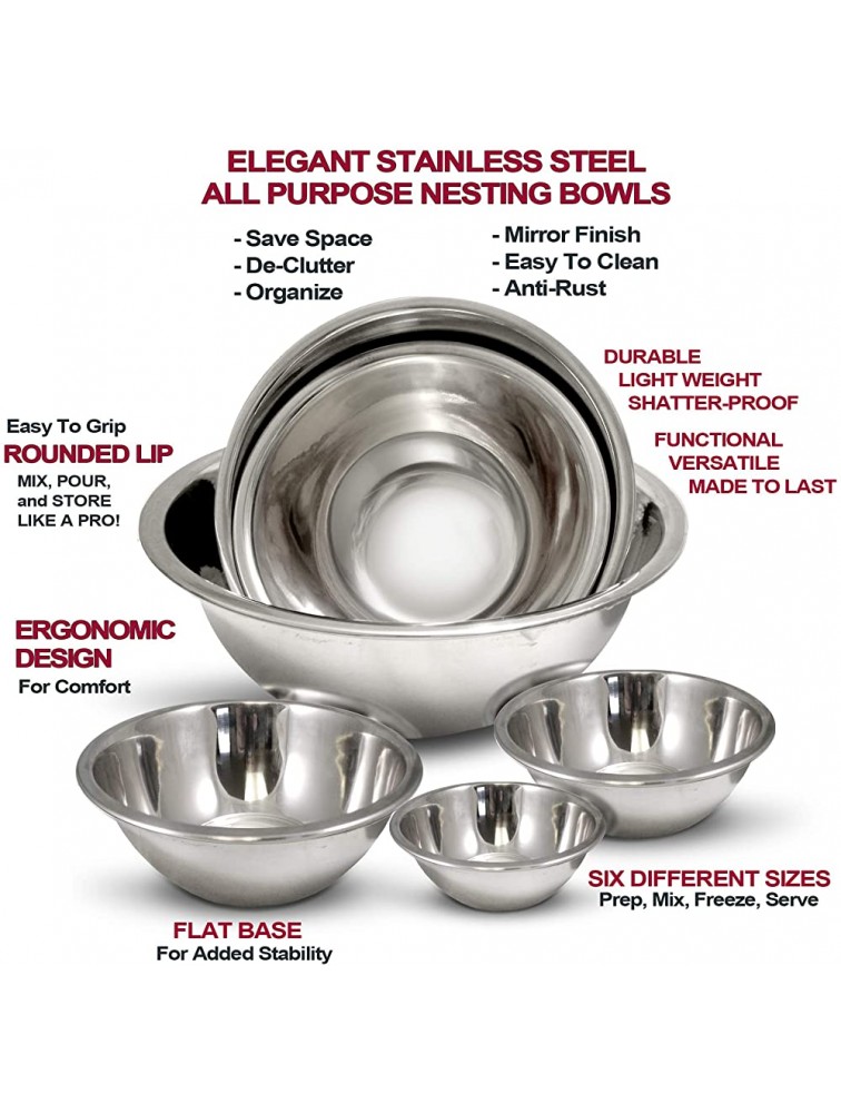 Stainless Steel Mixing Bowls Set Set of 6 Polished Mirror kitchen bowls Nesting Bowls for Space Saving Storage Ideal For Cooking Baking & Serving Food Prep & Salad Prep. - BCXUOW0O3