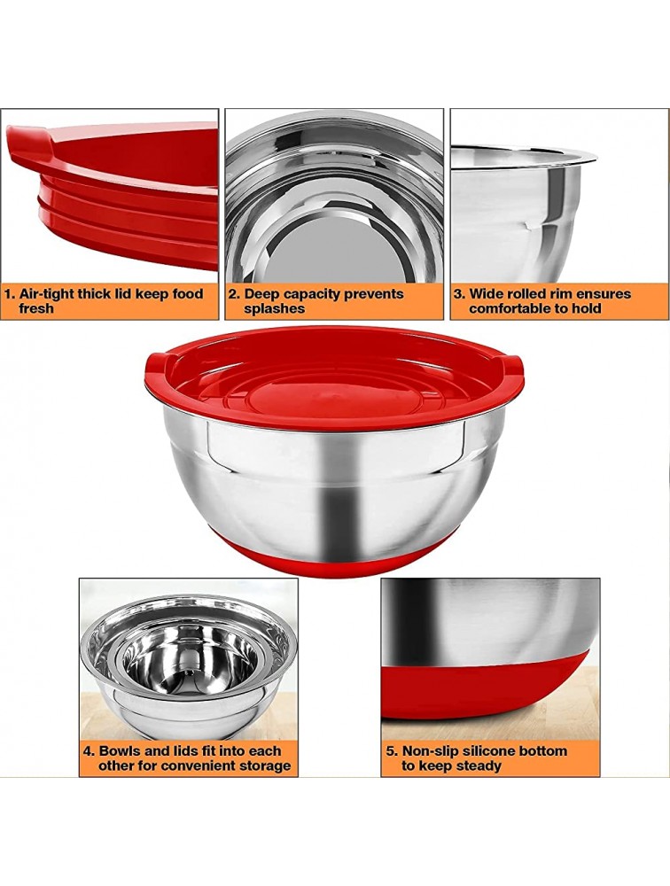 Stainless Steel Mixing Bowls with Lids Set of 3 Footek Non-Slip Silicone Bottom Size 5 2.5 2QT Kitchen Nesting Bowl for Mixing Baking Serving Stackable & Space Saving -Colorful - BBIW7EN1Q