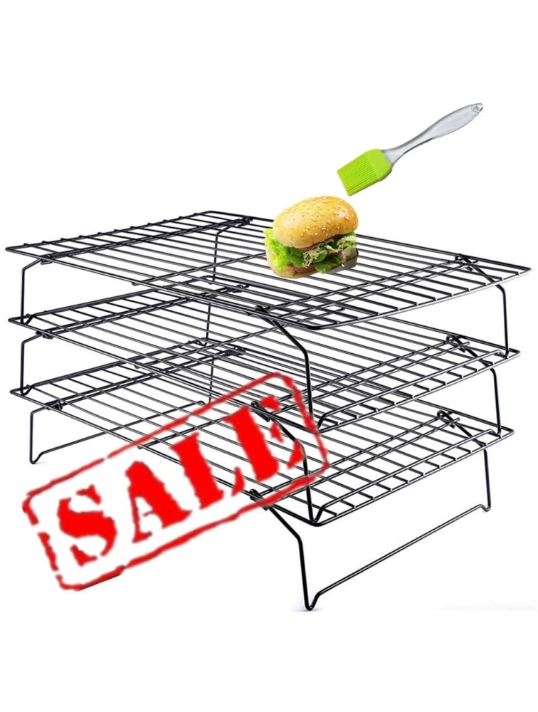 3 Tier Non Stick Cake Cooling Rack Oven Safe Heat Resistant Space Saving Stackable Wire Tray with Collapsible Legs for Roasting Cooking Grilling Drying Plus Multi-use Basting Brush 10x16 in - BH3WVGWS9