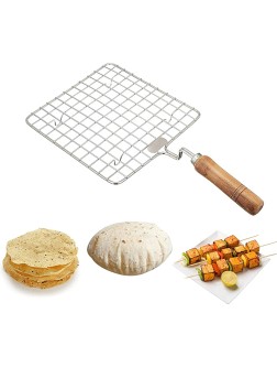 KSJONE Stainless Steel Multi-Functional Wire Steaming Cooling and Baking Barbecue Rack Square Wire Roaster Rack Papad Jali Roti Grill Round Shape with Wooden Handle - B6WEYFWF3