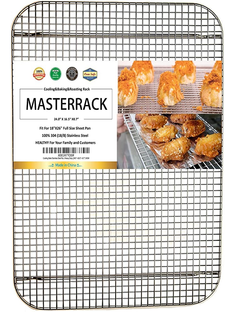 MASTERRACK 100% 304 Stainless Steel Cooling Rack and Wire Grate For Full Size Sheet Bun Pan,Real Heavy Duty 3.20LB for Cooking Roasting,Drying,Commercial Quality Healthy Material Compliance with FDA - BZ638TPDW