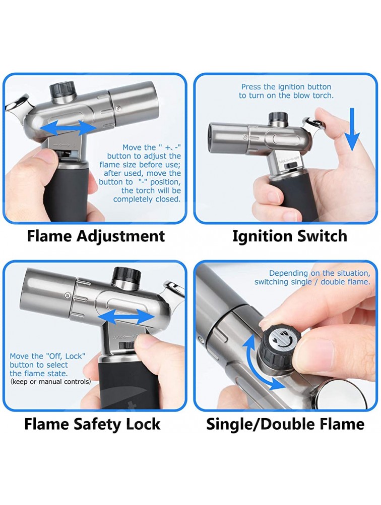 Gibot Butane Torch Double Fire Kitchen Torch Lighter Culinary Kitchen Torch with Safety Lock and Adjustable Flame for Desserts Creme Brulee BBQ and Baking Butane Gas Not Included,Black - BOVMZIPIN