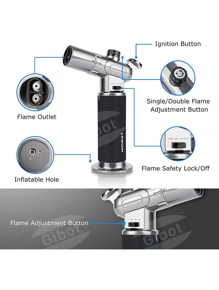 Gibot Butane Torch Double Fire Kitchen Torch Lighter Culinary Kitchen Torch with Safety Lock and Adjustable Flame for Desserts Creme Brulee BBQ and Baking Butane Gas Not Included,Black - BOVMZIPIN