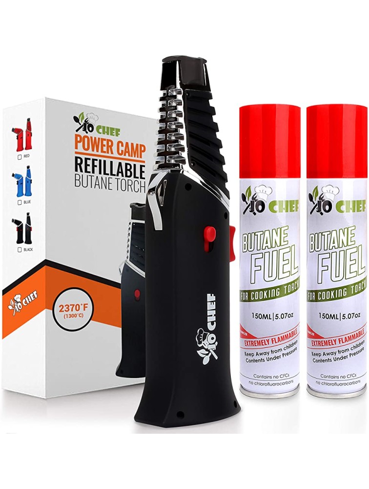 Power Camp Butane Blow Torch – Small Kitchen Food Torch – Safety Switch Rotating Head Ergonomic Design Great for Camping – Culinary Crème Brûlée Torch 2,370°F 2 Cans Included – by Jo Chef - BNBTOD5XQ