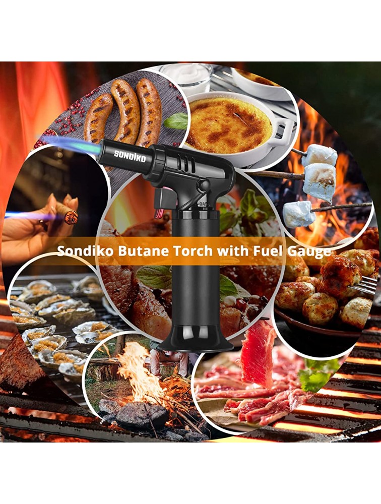 Sondiko Butane Torch with Fuel Gauge Refillable Kitchen Torch Lighter with Safety Lock and Adjustable Flame One-handed Operation Fit All Butane Tanks Kitchen Torch for Desserts Creme Brulee - BWYPH7D1W