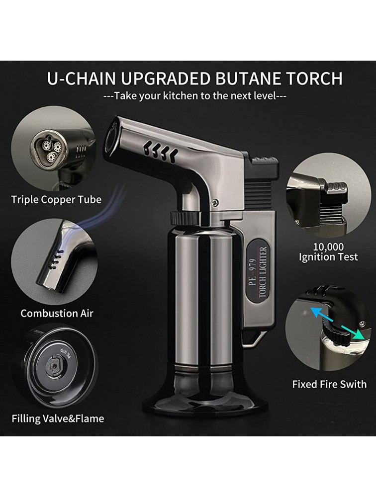 U-Chain Butane Torch Lighter-Adjustable Triple Flame Cooking Torch with Continuous Flame Refillable Small Torch for Desserts Creme Brulee BBQ and BakingButane Gas Not Included - BKLH93A3U