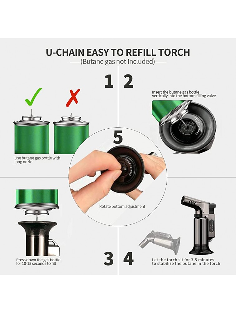 U-Chain Butane Torch Lighter-Adjustable Triple Flame Cooking Torch with Continuous Flame Refillable Small Torch for Desserts Creme Brulee BBQ and BakingButane Gas Not Included - BKLH93A3U