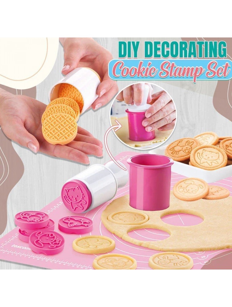 Assote Non-Stick Cookie Stamp & Cutter Silicone Cookie Stamps Set for Baking Cookie Stamps with Handle and 6 Silicone Stamps DIY Bake Tool for Baking Lovers Rose Red - BGPFMEWRB