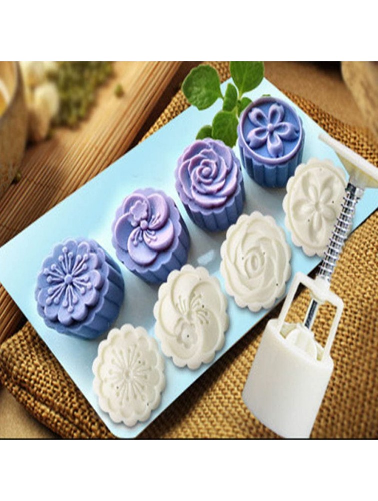 Moon Cake Mold Mid Autumn Festival DIY Hand Press Cookie Stamps Pastry Tool Moon Cake Maker Round Flower Cookie Mooncake Mold with 4 Stamps Shape - BEP4P4XAJ