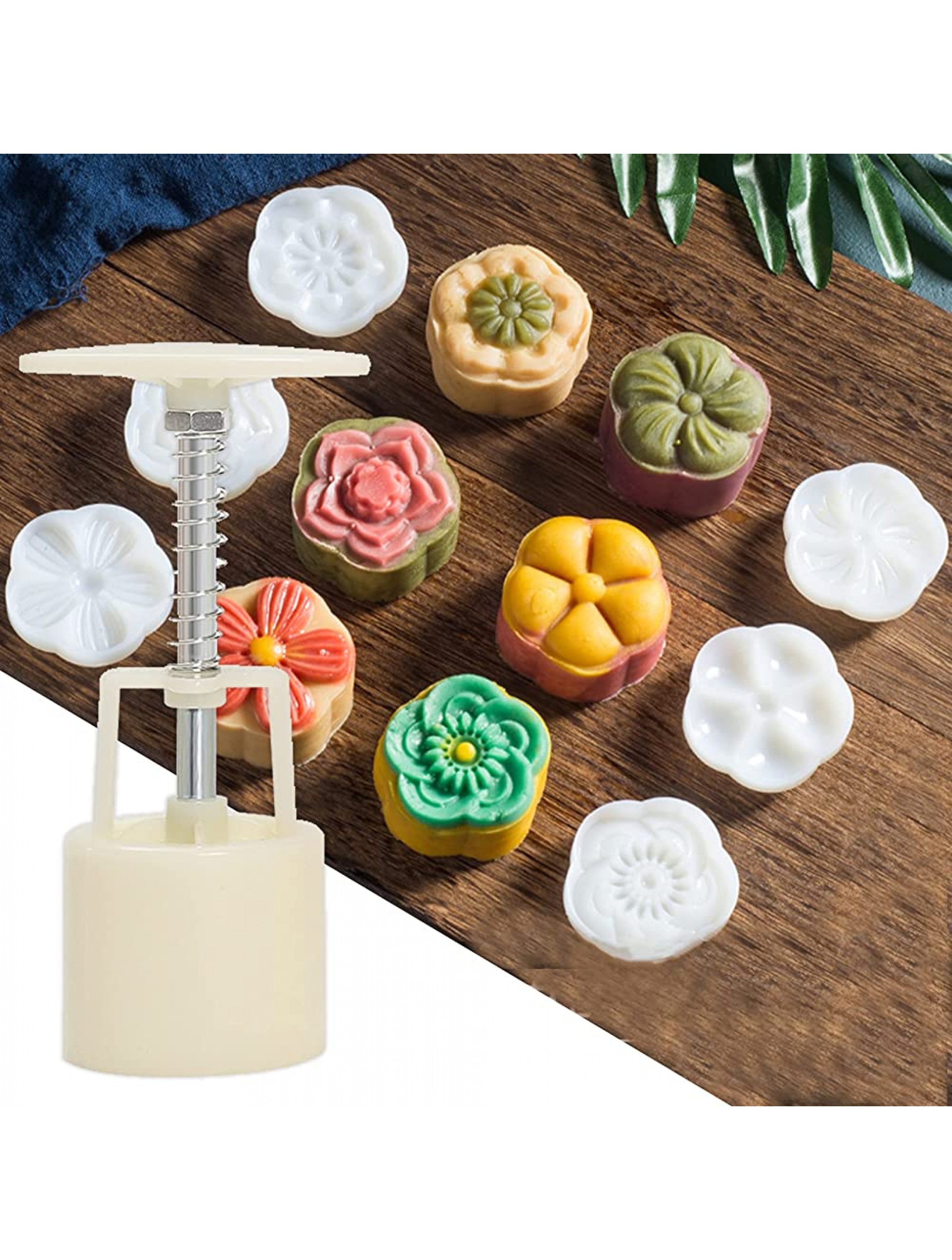 Mooncake Molds Set Mid-Autumn Festival Hand-Pressure Moon Cake maker 6 pcs for baking DIY Hand Press Cookie Stamps Pastry Tool1 Mold 6 Stamps. 50G - BK1FVYY83