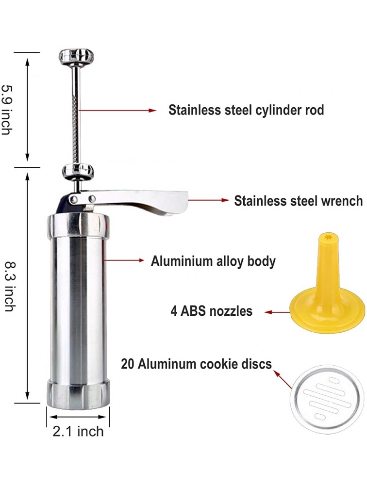 Spritz Cookie Press Gun Kit Stainless Steel Biscuit Press Cookie Gun Set with 20 Cookie discs and 4 nozzles for DIY Biscuit Maker and Churro Maker - BYHWRMLBY