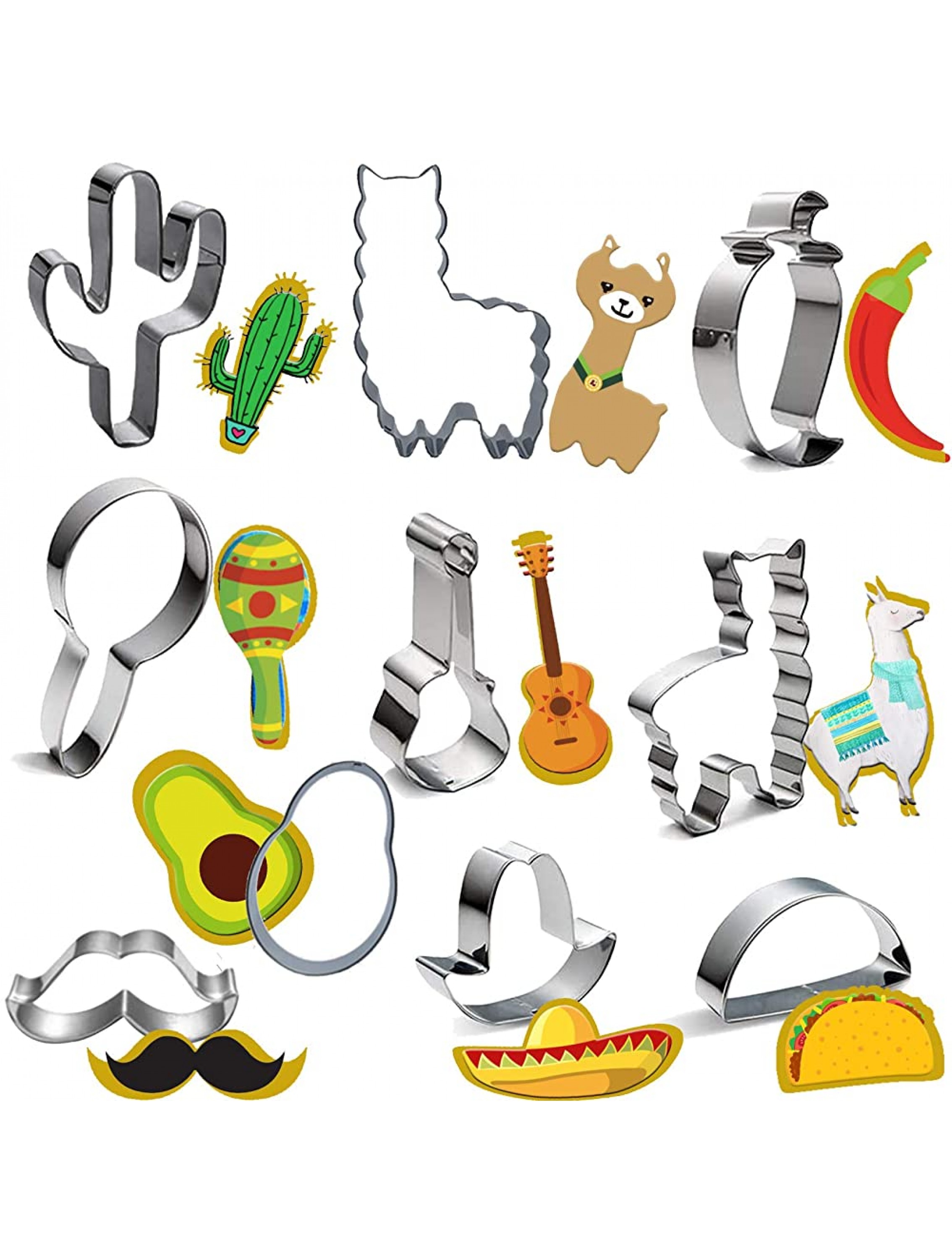 10pcs Mexican Fiesta Cookie Cutter Set Stainless Steel Cinco De Mayo Mexican Festival Cookie Molds Alpaca Cactus Hat Guitar For Baking Decorative Food DIY Supplies - BCGP9FQQN