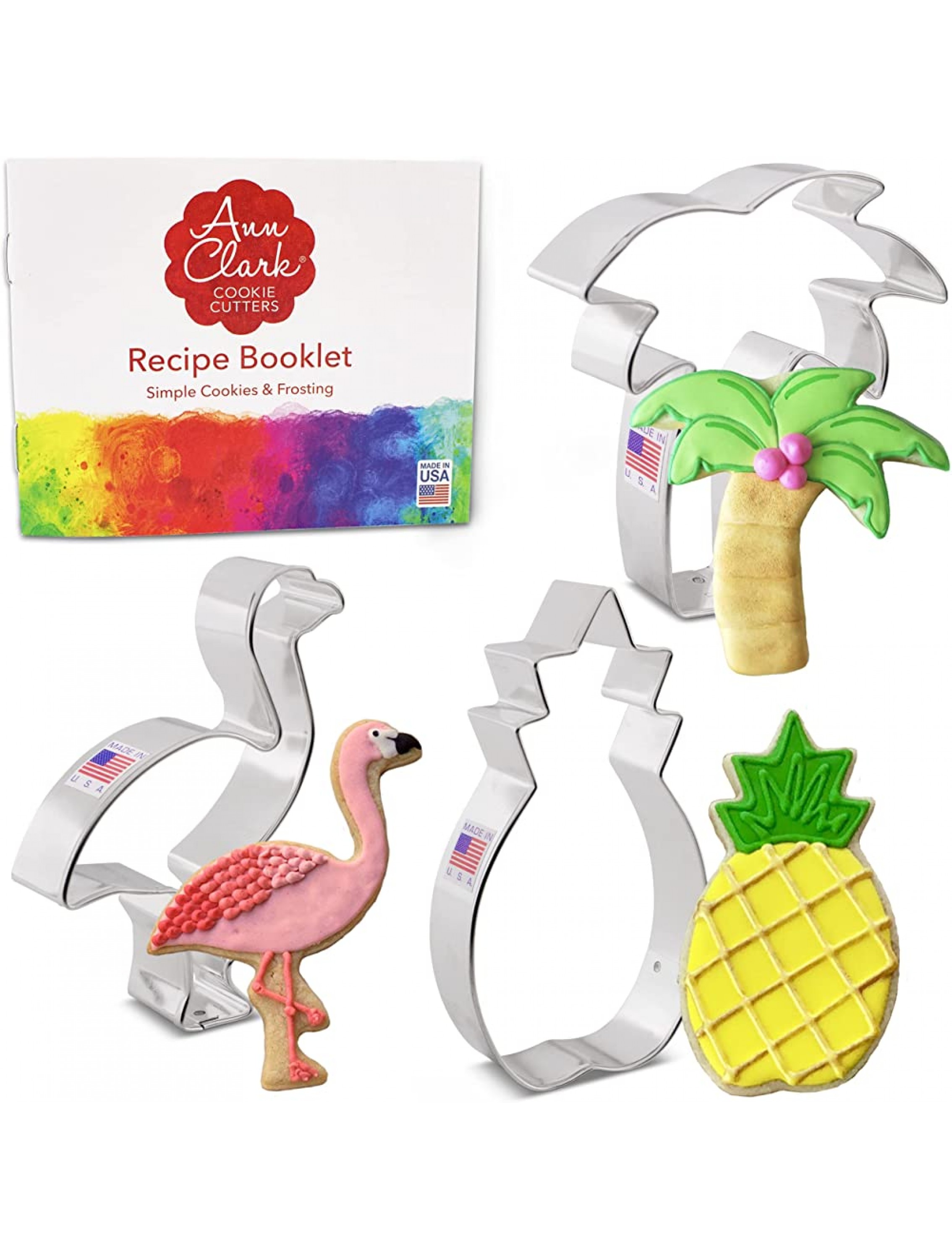 Ann Clark Cookie Cutters 3-Piece Tropical Hawaiian Cookie Cutter Set with Recipe Booklet Pineapple Palm Tree and Flamingo - B2SOMW3VD