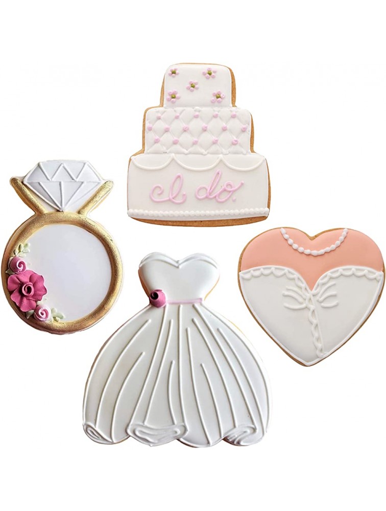 Ann Clark Cookie Cutters 4-Piece Wedding Cookie Cutter Set with Recipe Booklet Wedding Dress Wedding Cake Diamond Ring and Heart - BRYLH1TY4