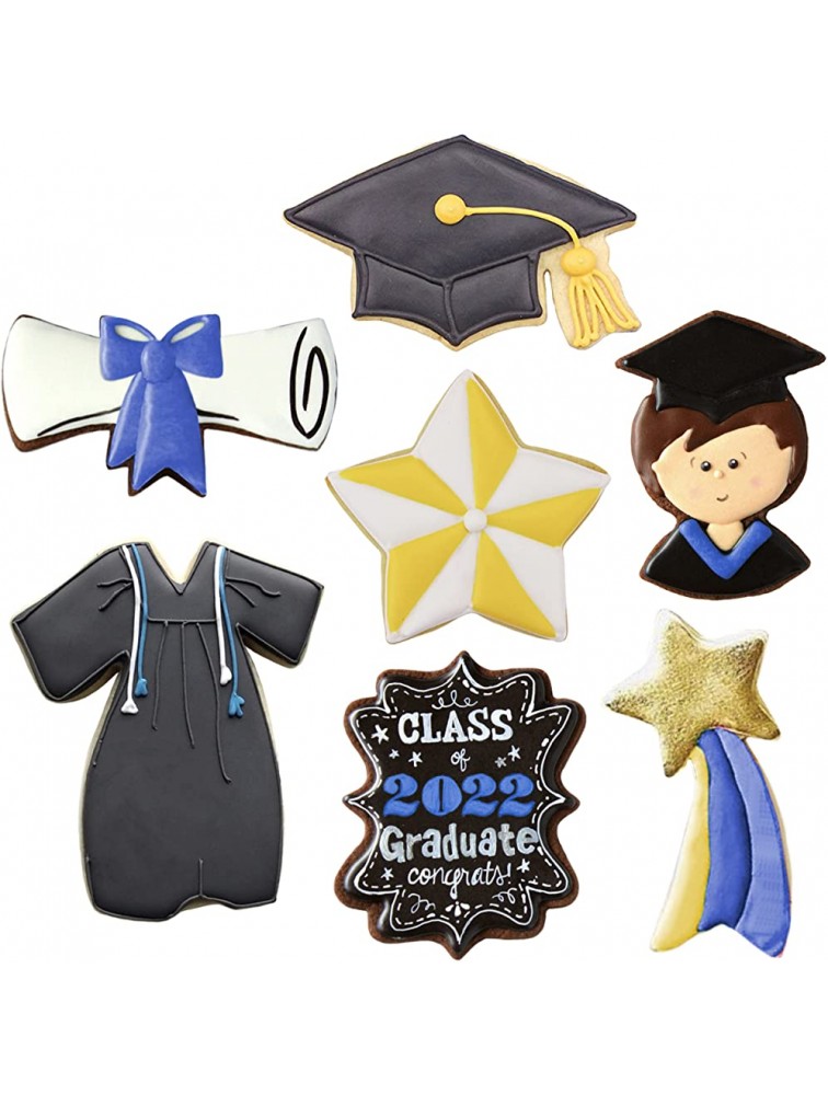 Ann Clark Cookie Cutters 7-Piece Graduation Cookie Cutter Set with Recipe Booklet Graduation Cap Gown Diploma Graduate Star Plaque and Shooting Star - BFCC9II1M