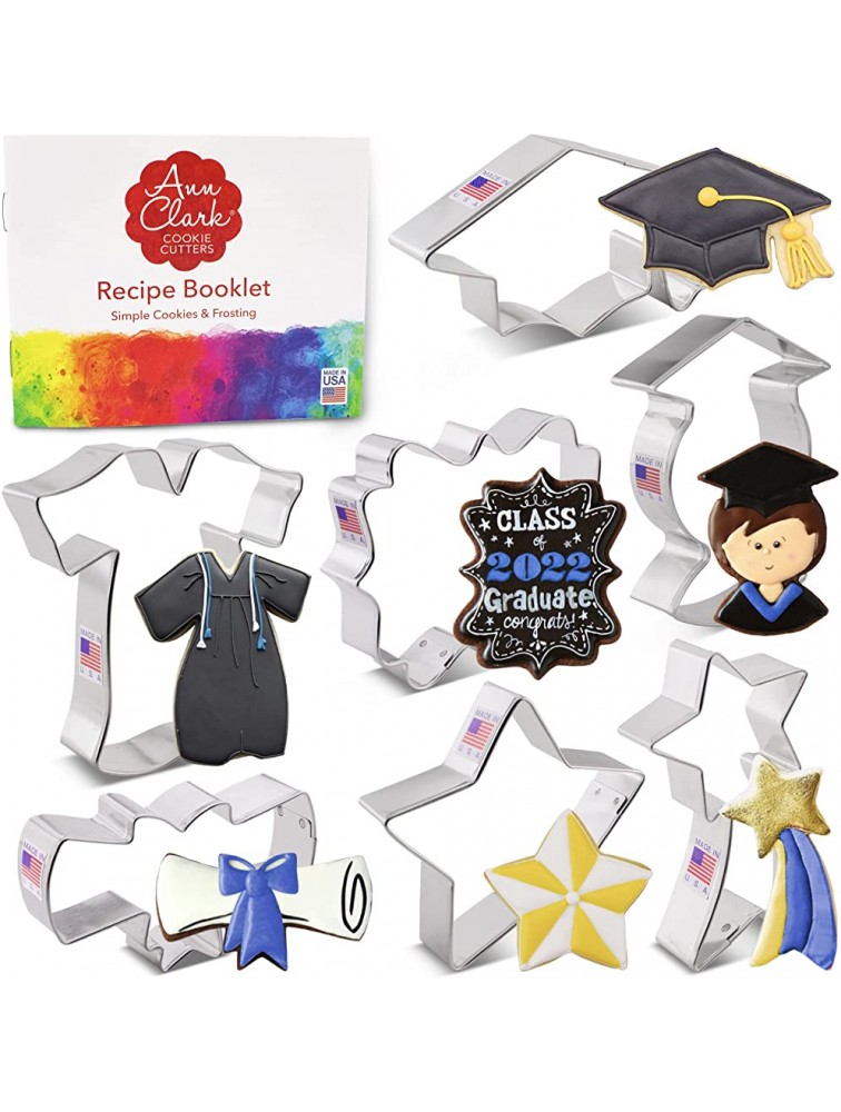 Ann Clark Cookie Cutters 7-Piece Graduation Cookie Cutter Set with Recipe Booklet Graduation Cap Gown Diploma Graduate Star Plaque and Shooting Star - BFCC9II1M