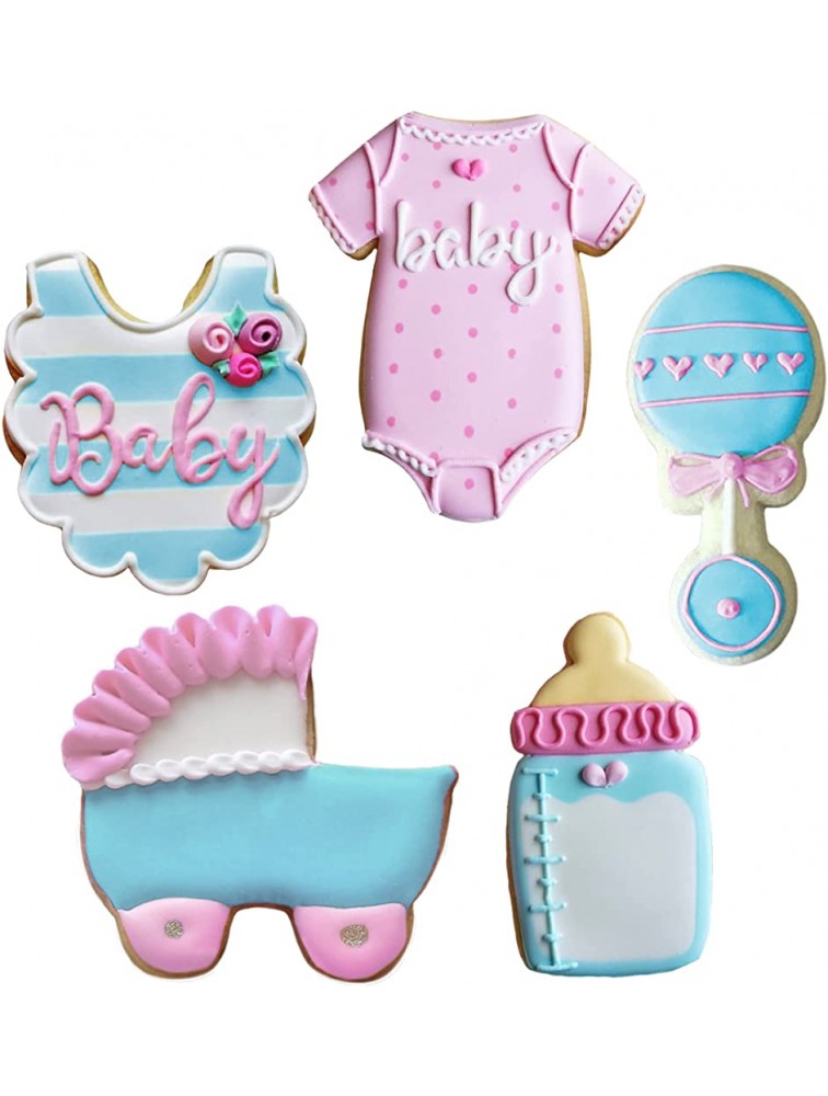 Baby Shower Cookie Cutter Set 5 Pieces with Recipe Booklet Onesie Bib Rattle Bottle Baby Carriage Made in USA by Ann Clark Cookie Cutters - BNSKLDFUU