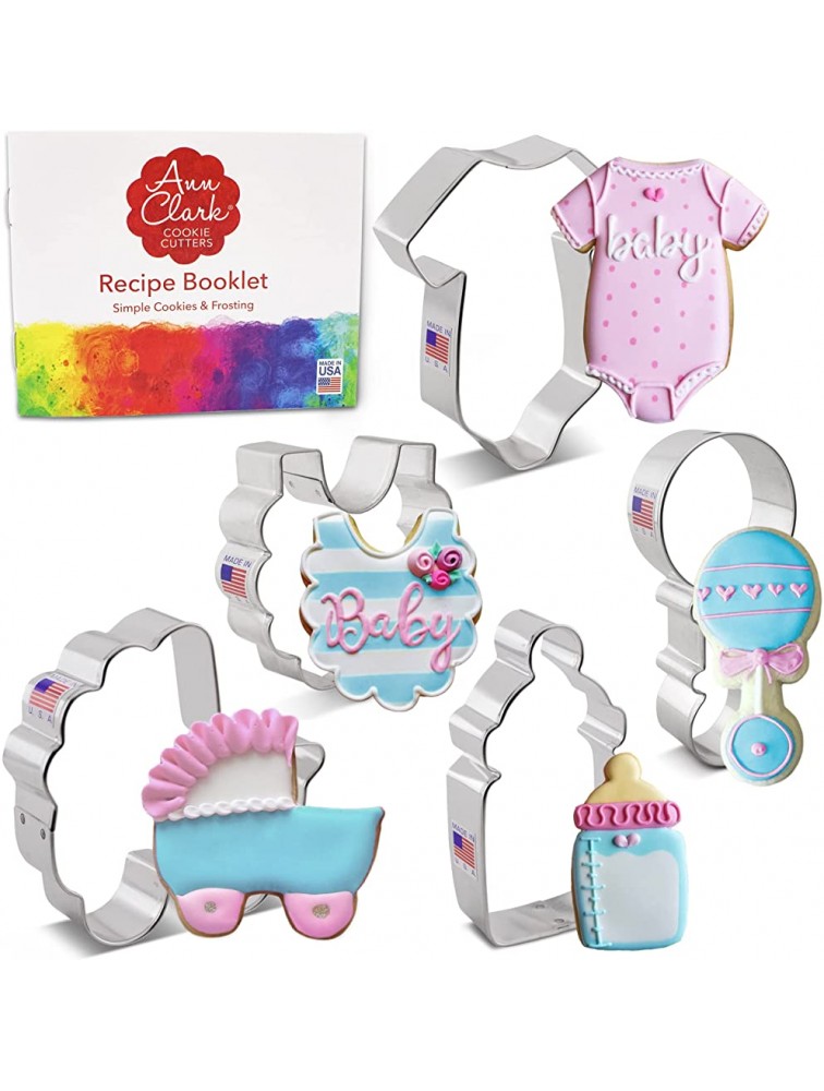 Baby Shower Cookie Cutter Set 5 Pieces with Recipe Booklet Onesie Bib Rattle Bottle Baby Carriage Made in USA by Ann Clark Cookie Cutters - BNSKLDFUU