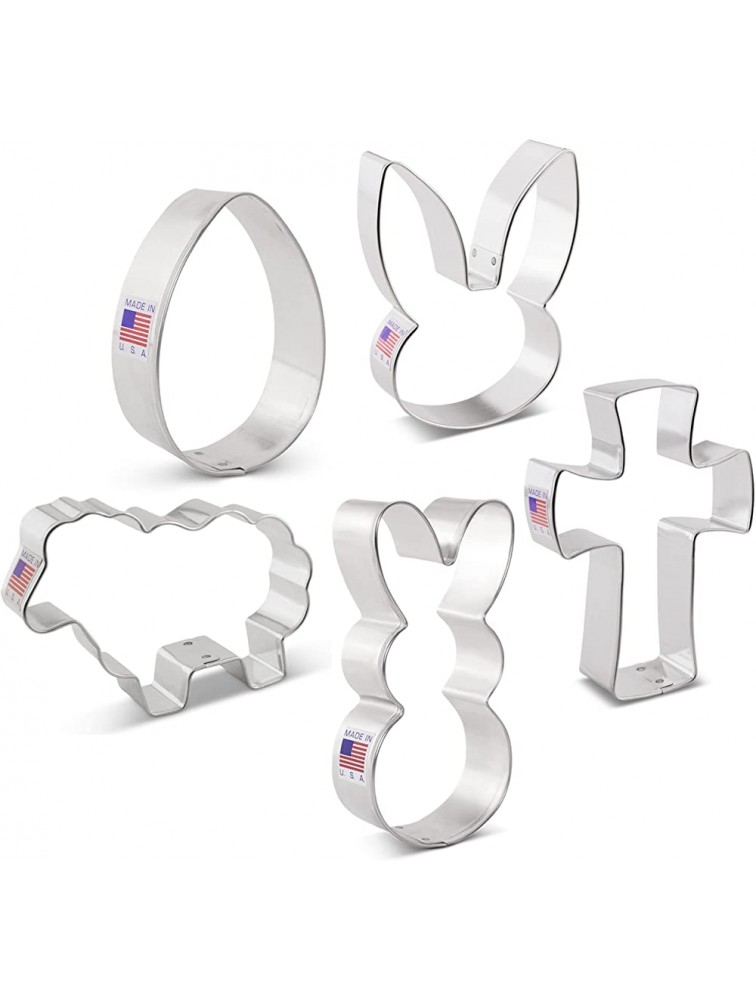 Easter Cookie Cutter Set 5-pcs. Easter Egg Easter Bunny Bunny Face Holy Cross Lamb with Recipe Booklet Made in USA by Ann Clark - BK6GDE44L